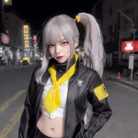 (((masterpiece))), best quality, ultra-detailed, 8k, wallpaper, extremely delicate and beautiful, high resolution, ray tracing, best shadow,upper body,looking at viewer
ump45 \(girls' frontline\), dynamic angle, dynamic pose, (1 girl), yellow eyes, (multicolored_hair+brown hair:1.3+greyhair:1.1), <lora:girlsFrontlineUmp45_v10:1> ,<lora:koreanDollLikeness_v10:0.5>, ponytail on the right, (long vertical scar on right eye), smile, cunning, matte black jacket, white shirt, yellow armband, yellow neckerchief, black neck ribbon, black silk stocking, Detailed beautiful delicate face, Detailed beautiful delicate eyes, tactical gloves,
city, road background