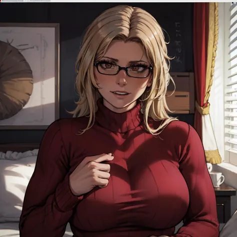 Best_QualityPos, RAW photo, intricate details, best quality, 8k uhd, soft lighting, 1girl, solo, Cory Chase, long hair, blonde hair, brown eyes, glasses, black turtleneck sweater <lora:Cory_Chase:0.7> <lora:exposure_control_v10:-0.45>