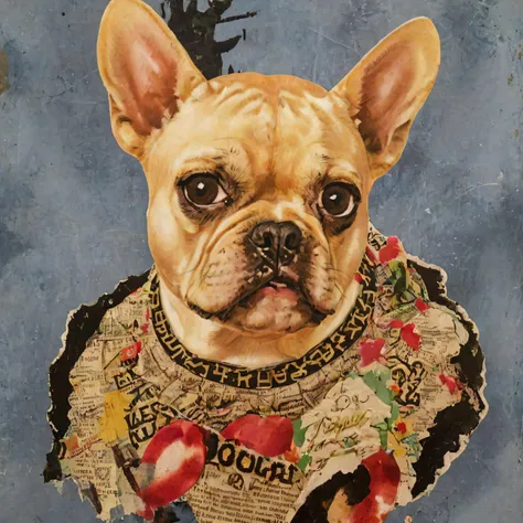 <lora:moutstyle:1>, aw0k surreal collage, designed by Mickalene Thomas, (French Bulldog:1.1) , it is dressed in Doublet, its Doublet is Navy and Gold, It has bayadere trimmings on it, in focus, studio lighting, by Squeak Carnwath and (Joyce Kozloff:0.8) , magazine and newspaper clipping, collage art