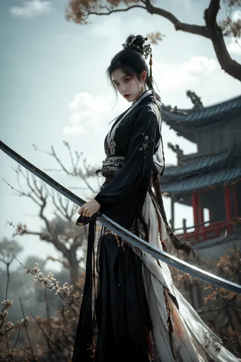 xuer Ancient Chinese sword, 1girl, weapon, solo, sword, long hair, black hair, tree, cloud, realistic, sky, cloudy sky, bare tree, outdoors, chinese clothes, holding, holding weapon, jewelry, hair ornament, standing, dress, holding sword
<lora:~Q?-N-VRQV2 xuer Ancient Chinese sword:0.8>