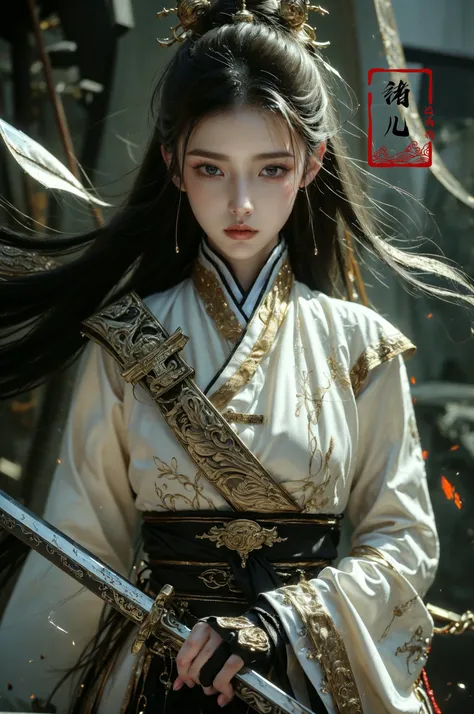 ultra high resolution, ((masterpiece))), (((best quality))), ((super detailed)),  ((extremely delicate and beautiful)),cinematic light, detailed environment(real),
xuer Ancient Chinese sword1girlholding sword
wide sleeves
designed by greg manchess,smoke, a model woman, bright eyes, glossy lips, futuristic gold face war paint, trending on art station, photoreal,
8 k, octane render by greg rutkowski,  art by Carne Griffiths and Wadim Kashin ,in the style of Dau-al-Set, Pollock, and inspired by MAPPA and Zdzislaw Beksinski,
<lora:~Q?N-VRQV2 xuer Ancient Chinese sword:0.8>