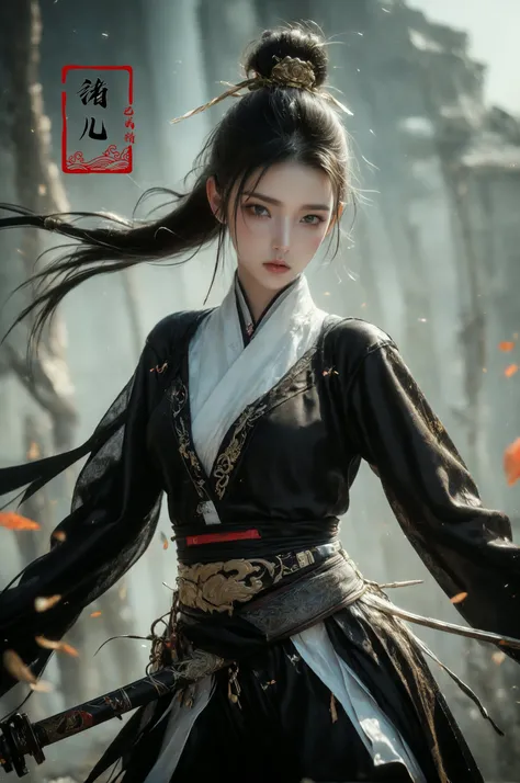 ultra high resolution, ((masterpiece))), (((best quality))), ((super detailed)),  ((extremely delicate and beautiful)),cinematic light, detailed environment(real),
xuer Ancient Chinese sword1girlholding sword
wide sleeves
designed by greg manchess,smoke, a model woman, bright eyes, glossy lips, futuristic gold face war paint, trending on art station, photoreal,
8 k, octane render by greg rutkowski,  art by Carne Griffiths and Wadim Kashin ,in the style of Dau-al-Set, Pollock, and inspired by MAPPA and Zdzislaw Beksinski,
<lora:~Q?N-VRQV2 xuer Ancient Chinese sword:0.8>