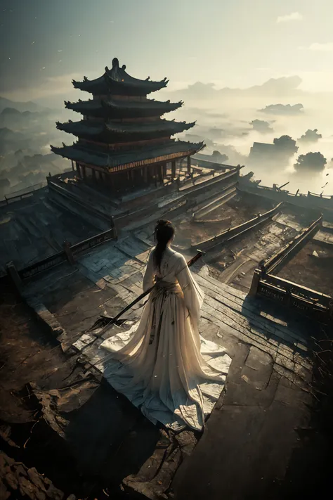 ultra high resolution, ((masterpiece))), (((best quality))), ((super detailed)),  ((extremely delicate and beautiful)),cinematic light, detailed environment(real), (wide shot, wide-angle lens,Panoramic:1.2),super vista, super wide AngleLow Angle shooting, super wide lens, Dynamic Angle, Perspective, High Point,pov(from above:1.1),
1girl, solo, east asian architecture,
designed by greg manchess,smoke, a model woman, bright eyes, glossy lips, futuristic gold face war paint, trending on art station, photoreal,
8 k, octane render by greg rutkowski,  art by Carne Griffiths and Wadim Kashin ,in the style of Dau-al-Set, Pollock, and inspired by MAPPA and Zdzislaw Beksinski,
<lora:~Q?-N-VRQV2 xuer Ancient Chinese sword:0.8>