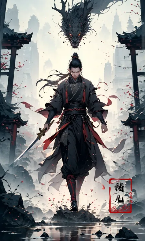 (dramatic, gritty, intense:1.4),masterpiece, best quality, 8k, insane details, intricate details, hyperdetailed, hyper quality, high detail, ultra detailed, Masterpiece, (hand:1.9)
1baysolomale focusblack hairponytaillong hairhair pulled back
sashwide sleevesoutstretched armslong sleevesChinese swordSword in handswordsman
standingtopknotlooking at viewerrealisticbamboo groveChinese architecture
<lora:~Q?-N-VRQswordsman:0.8>