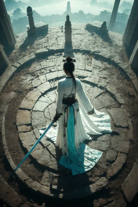 ultra high resolution, ((masterpiece))), (((best quality))), ((super detailed)),  ((extremely delicate and beautiful)),cinematic light, detailed environment(real),  Dynamic Angle, Perspective, High Point,pov(from above:1.1),
1girl, hair ornament, muscular, (holding sword:1.2) xuer Ancient Chinese sword, (full body:1.1),
A shot with tension(sky glows cyan,Visual impact,giving the poster a dynamic and visually striking appearance:1.2),Chinese Zen style,impactful picture,
designed by greg manchess,smoke, a model woman, bright eyes, glossy lips, futuristic gold face war paint, trending on art station, photoreal,
8 k, octane render by greg rutkowski,  art by Carne Griffiths and Wadim Kashin ,in the style of Dau-al-Set, Pollock, and inspired by MAPPA and Zdzislaw Beksinski,
<lora:~Q?-N-VRQV2 xuer Ancient Chinese sword:0.8>