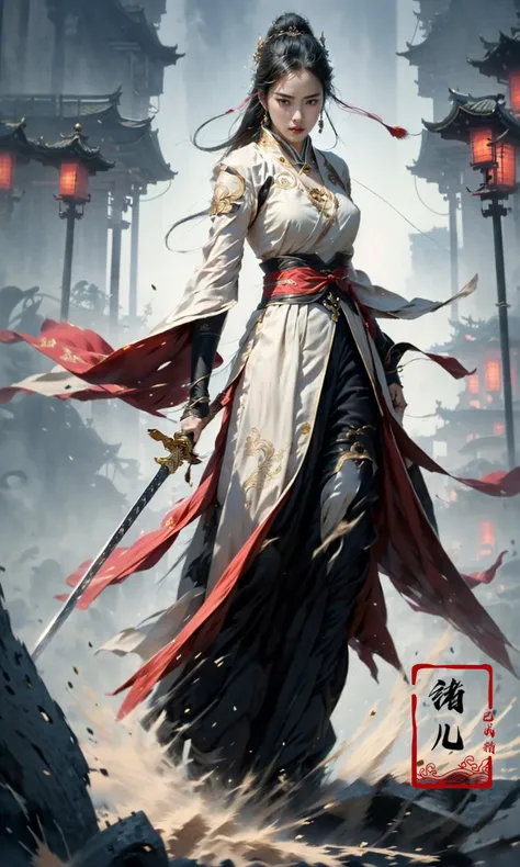 (dramatic, gritty, intense:1.4),masterpiece, best quality, 8k, insane details, intricate details, hyperdetailed, hyper quality, high detail, ultra detailed, Masterpiece,
1girl,solo, hanfu,dress,red ribbon,jewelry,wind,long sleeves,long hair, hair ornament,tassel,
holding weapon, sword,
looking at viewerrealisticbamboo groveChinese architecture
<lora:~Q?-N-VRQswordsman:0.8>
