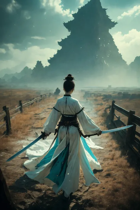 ultra high resolution, ((masterpiece))), (((best quality))), ((super detailed)),  ((extremely delicate and beautiful)),cinematic light, detailed environment(real),  Dynamic Angle, Perspective, High Point,pov(from above:1.1),
1girl, hair ornament, muscular, (holding sword:1.2) xuer Ancient Chinese sword, (full body:1.1),
A shot with tension(sky glows cyan,Visual impact,giving the poster a dynamic and visually striking appearance:1.2),Chinese Zen style,impactful picture,
designed by greg manchess,smoke, a model woman, bright eyes, glossy lips, futuristic gold face war paint, trending on art station, photoreal,
8 k, octane render by greg rutkowski,  art by Carne Griffiths and Wadim Kashin ,in the style of Dau-al-Set, Pollock, and inspired by MAPPA and Zdzislaw Beksinski,
<lora:~Q?-N-VRQV2 xuer Ancient Chinese sword:0.8>