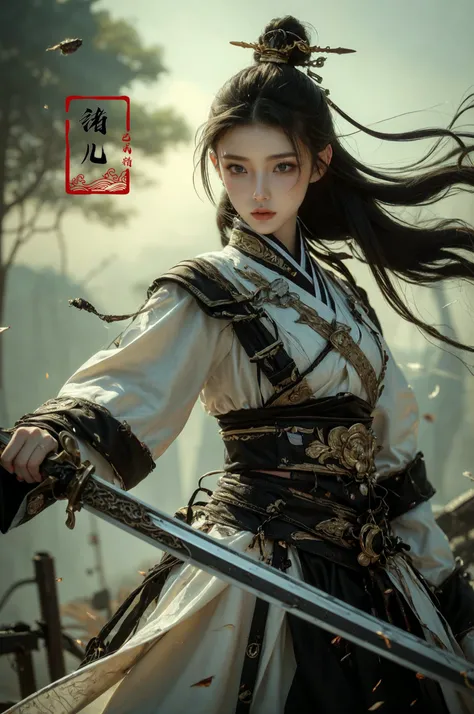 ultra high resolution, ((masterpiece))), (((best quality))), ((super detailed)),  ((extremely delicate and beautiful)),cinematic light, detailed environment(real),
xuer Ancient Chinese sword1girlholding sword
wide sleeves
designed by greg manchess,smoke, a model woman, bright eyes, glossy lips, futuristic gold face war paint, trending on art station, photoreal,
8 k, octane render by greg rutkowski,  art by Carne Griffiths and Wadim Kashin ,in the style of Dau-al-Set, Pollock, and inspired by MAPPA and Zdzislaw Beksinski,
<lora:~Q?N-VRQV2 xuer Ancient Chinese sword:0.8>