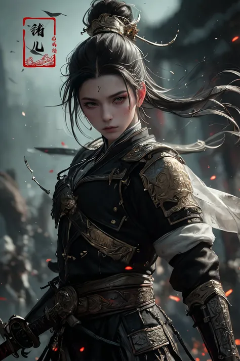 ultra high resolution, ((masterpiece))), (((best quality))), ((super detailed)),  ((extremely delicate and beautiful)),cinematic light, detailed environment(real),
(1boy, solo, male focus:1.3), muscular, (holding sword:1.2)(dark red and light gold:1.3), (hair pulled back, floating hair:1.1),
designed by greg manchess,smoke, a model woman, bright eyes, glossy lips, futuristic gold face war paint, trending on art station, photoreal,
8 k, octane render by greg rutkowski,  art by Carne Griffiths and Wadim Kashin ,in the style of Dau-al-Set, Pollock, and inspired by MAPPA and Zdzislaw Beksinski,
<lora:~Q?N-VRQV2 xuer Ancient Chinese sword:0.8>