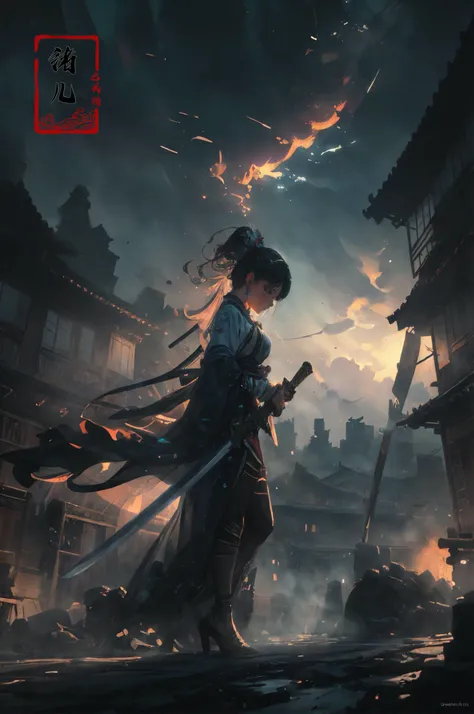ultra high resolution, ((masterpiece))), (((best quality))), ((super detailed)),  ((extremely delicate and beautiful)),cinematic light, detailed environment(real),
1girl, hair ornament,, muscular, (holding sword:1.2) (hair pulled back, floating hair:1.1), (full body:1.1),
A shot with tension(sky glows red,Visual impact,giving the poster a dynamic and visually striking appearance:1.2),Chinese Zen style,impactful picture,
designed by greg manchess,smoke, a model woman, bright eyes, glossy lips, futuristic gold face war paint, trending on art station, photoreal,
8 k, octane render by greg rutkowski,  art by Carne Griffiths and Wadim Kashin ,in the style of Dau-al-Set, Pollock, and inspired by MAPPA and Zdzislaw Beksinski,
<lora:~Q?N-VRQV2 xuer Ancient Chinese sword:0.8>
