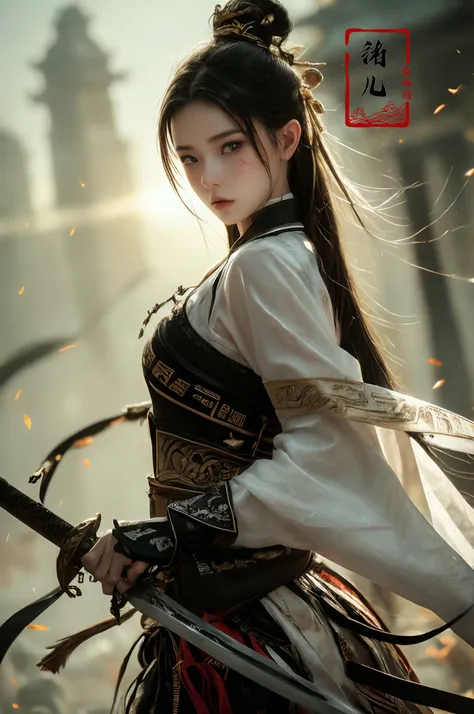 ultra high resolution, ((masterpiece))), (((best quality))), ((super detailed)),  ((extremely delicate and beautiful)),cinematic light, detailed environment(real),
xuer Ancient Chinese sword1girlholding sword
wide sleeves
designed by greg manchess,smoke, a model woman, bright eyes, glossy lips, futuristic gold face war paint, trending on art station, photoreal,
8 k, octane render by greg rutkowski,  art by Carne Griffiths and Wadim Kashin ,in the style of Dau-al-Set, Pollock, and inspired by MAPPA and Zdzislaw Beksinski,
<lora:~Q?N-VRQV2 xuer Ancient Chinese sword:0.8>