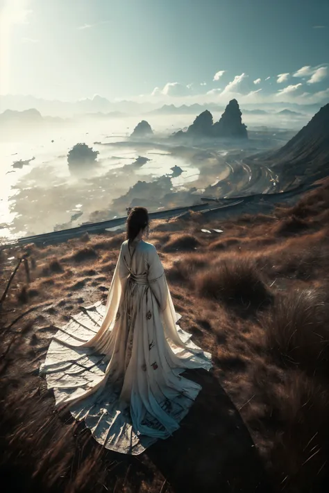 ultra high resolution, ((masterpiece))), (((best quality))), ((super detailed)),  ((extremely delicate and beautiful)),cinematic light, detailed environment(real), (wide shot, wide-angle lens,Panoramic:1.2),super vista, super wide AngleLow Angle shooting, super wide lens, Dynamic Angle, Perspective, High Point,pov(from above:1.1),
1girl, solo, east asian architecture,
designed by greg manchess,smoke, a model woman, bright eyes, glossy lips, futuristic gold face war paint, trending on art station, photoreal,
8 k, octane render by greg rutkowski,  art by Carne Griffiths and Wadim Kashin ,in the style of Dau-al-Set, Pollock, and inspired by MAPPA and Zdzislaw Beksinski,
<lora:~Q?-N-VRQV2 xuer Ancient Chinese sword:0.8>