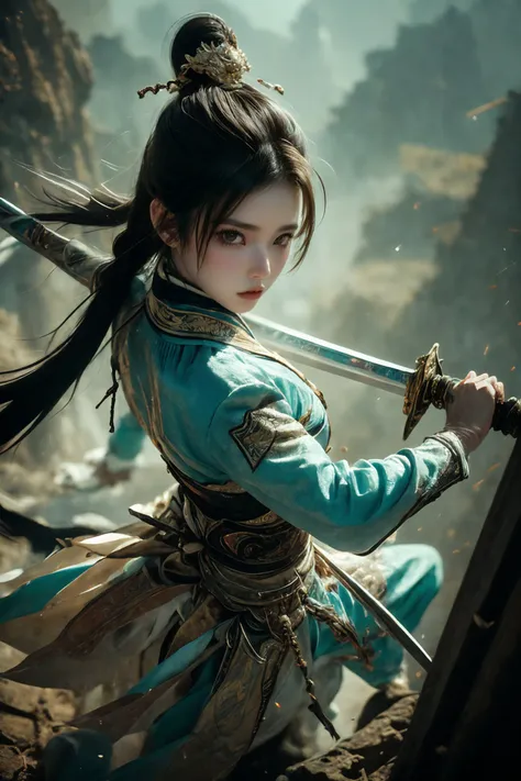 ultra high resolution, ((masterpiece))), (((best quality))), ((super detailed)),  ((extremely delicate and beautiful)),cinematic light, detailed environment(real),  Dynamic Angle, Perspective, High Point,pov(from above:1.1),
1girl, hair ornament, muscular, (holding sword:1.2) xuer Ancient Chinese sword, (full body:1.1),
A shot with tension(sky glows cyan,Visual impact,giving the poster a dynamic and visually striking appearance:1.2),Chinese Zen style,impactful picture,
designed by greg manchess,smoke, a model woman, bright eyes, glossy lips, futuristic gold face war paint, trending on art station, photoreal,
8 k, octane render by greg rutkowski,  art by Carne Griffiths and Wadim Kashin ,in the style of Dau-al-Set, Pollock, and inspired by MAPPA and Zdzislaw Beksinski,
<lora:~Q?-N-VRQV2 xuer Ancient Chinese sword:0.8>