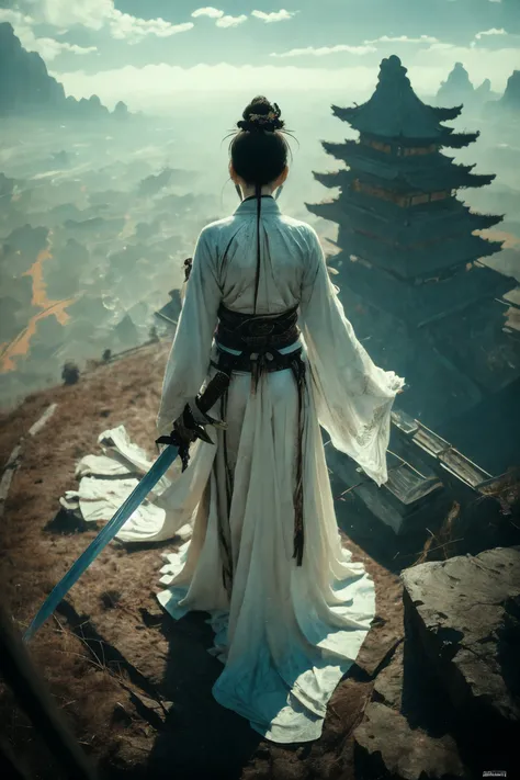 ultra high resolution, ((masterpiece))), (((best quality))), ((super detailed)),  ((extremely delicate and beautiful)),cinematic light, detailed environment(real),  Dynamic Angle, Perspective, High Point,pov(from above:1.1),
1girl, hair ornament, muscular, (holding sword:1.2) xuer Ancient Chinese sword, (full body:1.1),
A shot with tension(sky glows cyan,Visual impact,giving the poster a dynamic and visually striking appearance:1.2),Chinese Zen style,impactful picture,
designed by greg manchess,smoke, a model woman, bright eyes, glossy lips, futuristic gold face war paint, trending on art station, photoreal,
8 k, octane render by greg rutkowski,  art by Carne Griffiths and Wadim Kashin ,in the style of Dau-al-Set, Pollock, and inspired by MAPPA and Zdzislaw Beksinski,
<lora:~Q?-N-VRQV2 xuer Ancient Chinese sword:0.8>