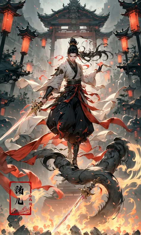 (dramatic, gritty, intense:1.4),masterpiece, best quality, 8k, insane details, intricate details, hyperdetailed, hyper quality, high detail, ultra detailed, Masterpiece,
1girl,solo, hanfu,dress,red ribbon,jewelry,wind,long sleeves,long hair, hair ornament,tassel,
holding weapon, sword,
looking at viewerrealisticbamboo groveChinese architecture
<lora:~Q?-N-VRQswordsman:0.8>