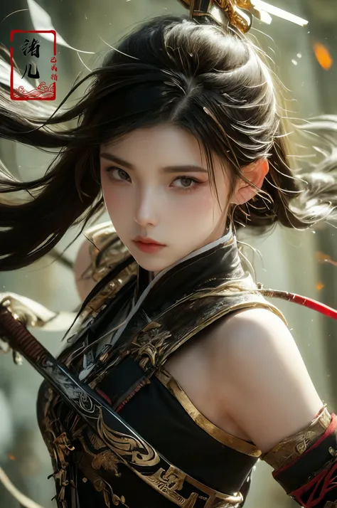 ultra high resolution, ((masterpiece))), (((best quality))), ((super detailed)),  ((extremely delicate and beautiful)),cinematic light, detailed environment(real),
xuer Ancient Chinese sword1girlsolo, (holding sword:1.2)(dark red and light gold:1.3), (hair pulled back, floating hair:1.1),
designed by greg manchess,smoke, a model woman, bright eyes, glossy lips, futuristic gold face war paint, trending on art station, photoreal,
8 k, octane render by greg rutkowski,  art by Carne Griffiths and Wadim Kashin ,in the style of Dau-al-Set, Pollock, and inspired by MAPPA and Zdzislaw Beksinski,
<lora:~Q?N-VRQV2 xuer Ancient Chinese sword:0.8>