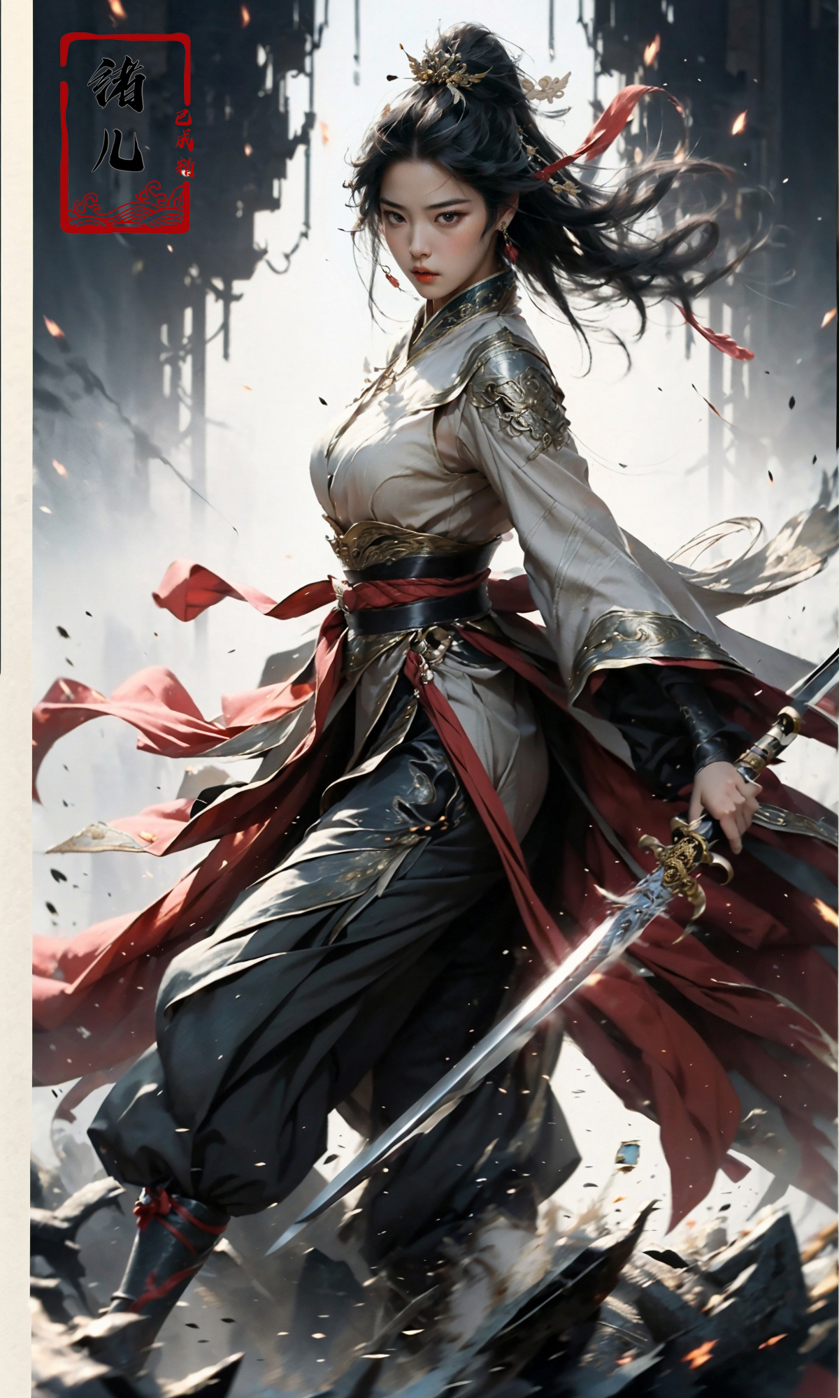 A woman in a long dress holding a sword in a city - SeaArt AI