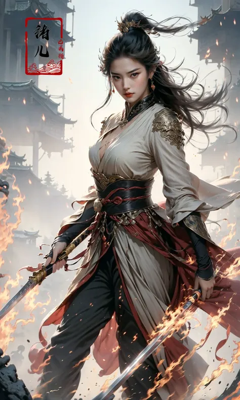 Best quality,masterpiece,ultra high res,(photorealistic:1.4),xiuxian,hyper-realistic fire effect,detailed face,
1girl,long sword,long hair,cleavage,high slit,(fiery aura:1.2),fire magic,beautiful girl,glowing eyes,full body,chinese architecture,heavy snow,combat,battlefield,blood-stained,heavy fighting in background,wuxia,