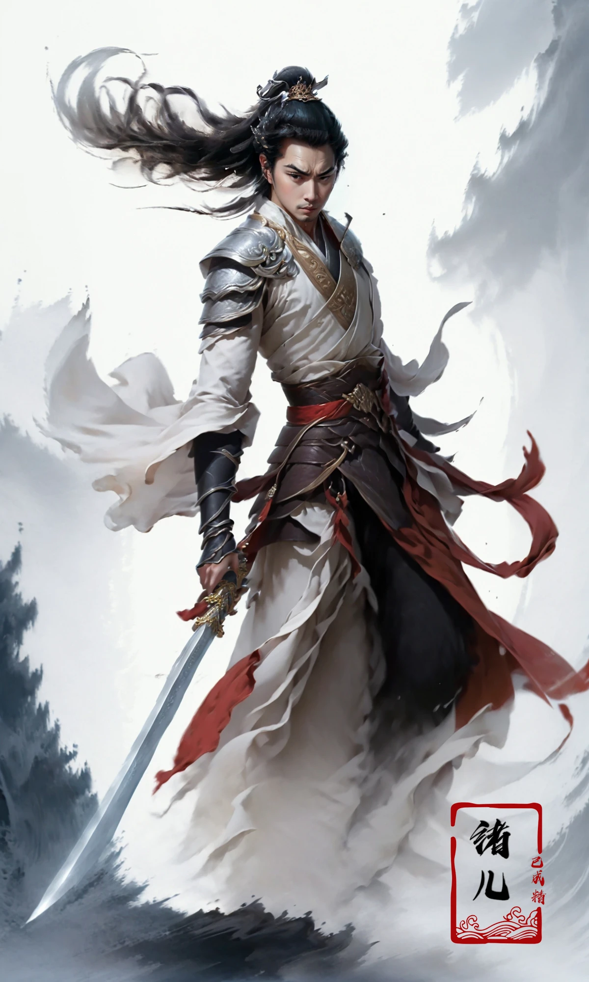 (dramatic, gritty, intense:1.4),masterpiece, best quality, 8k, insane details, intricate details, hyperdetailed, hyper quality, high detail, ultra detailed, Masterpiece, (hand:1.9)
1baysolomale focusblack hairponytaillong hairhair pulled back
sashwide sleevesoutstretched armslong sleevesChinese swordSword in handswordsman
standingtopknotlooking at viewerrealisticbamboo groveChinese architecture
<lora:~Q?-N-VRQswordsman:0.8>