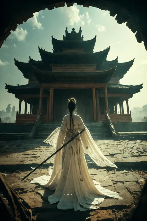 ultra high resolution, ((masterpiece))), (((best quality))), ((super detailed)),  ((extremely delicate and beautiful)),cinematic light, detailed environment(real), (wide shot, wide-angle lens,Panoramic:1.2),super vista, super wide AngleLow Angle shooting, super wide lens, Dynamic Angle, Perspective, High Point,pov(from above:1.1),
1girl, solo, east asian architecture,
designed by greg manchess,smoke, a model woman, bright eyes, glossy lips, futuristic gold face war paint, trending on art station, photoreal,
8 k, octane render by greg rutkowski,  art by Carne Griffiths and Wadim Kashin ,in the style of Dau-al-Set, Pollock, and inspired by MAPPA and Zdzislaw Beksinski,
<lora:~Q?-N-VRQV2 xuer Ancient Chinese sword:0.8>