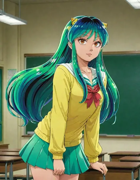 (detailed anime art) of lum standing in classroom <lora:lum2:0.85>
