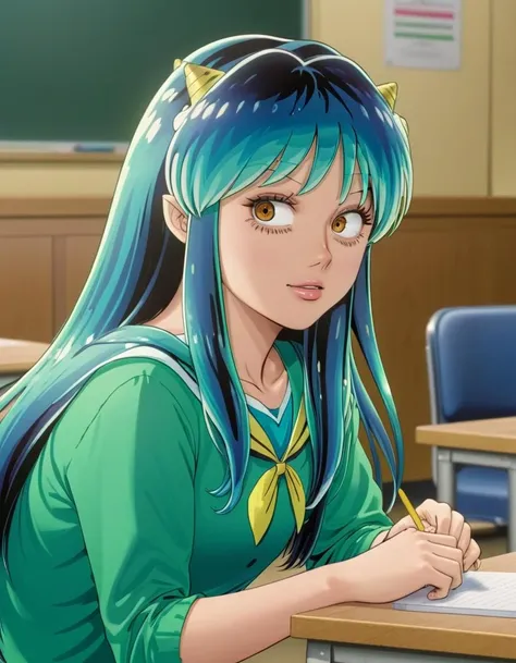 detailed semi-realistic art of lum sitting in classroom. <lora:lum:0.92>
