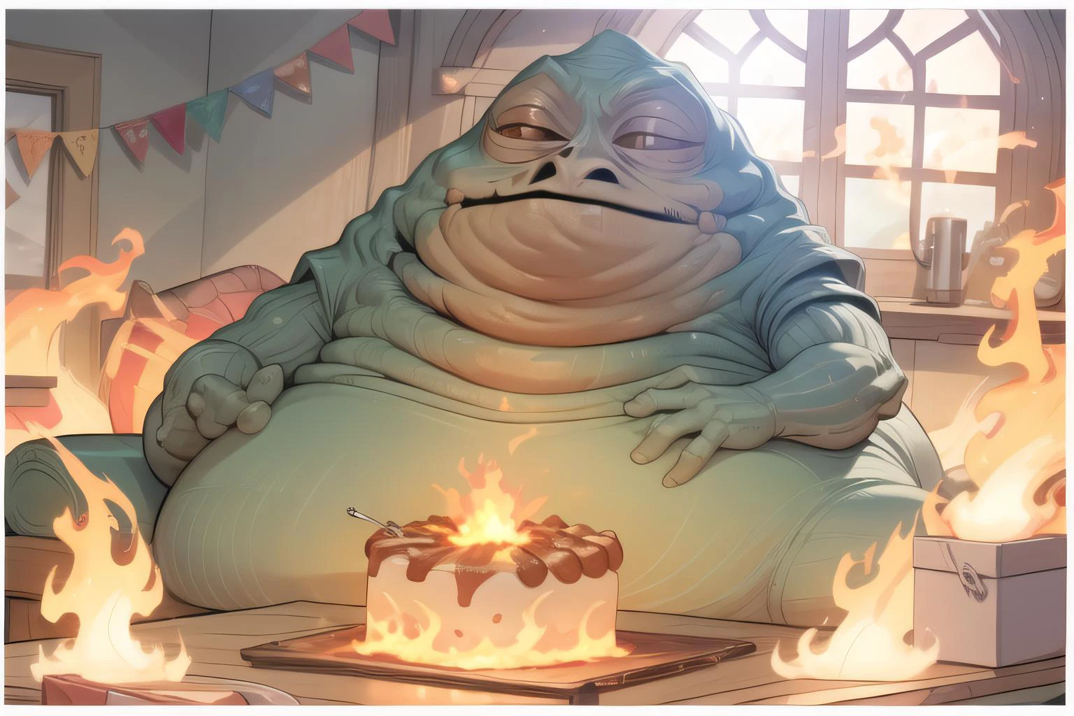 <lora:tendertroupe_v2.2:1> <lora:jabba_v4.5:1>
jabba, solo, 1boy, cartoon, chibi, sitting, living room, (fire:1.0), smoke, burning, before and after, funny, bored, looking at viewer, smile, drinking, cake, happy birthday, birthday party, burning, (flames:1.2),, masterpiece, best quality, highly detailed