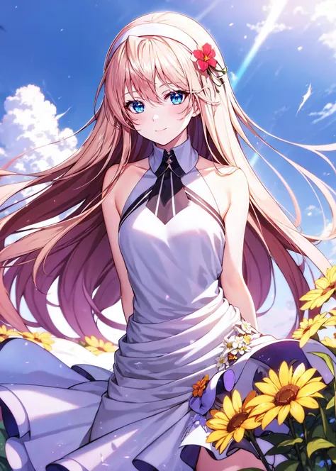 absurdres, highres, (official art, beautiful and aesthetic:1.2), ultra detail, beautiful person, blonde hair, blue eyes, long hair, hairband, bangs,
white dress,
cowboy shot,light smile,
country side, bluesky, arms behind back,
wind effects, flower effects, (cowboy shot),
<lora:carlota_Divine_elegance-000007:0.7>