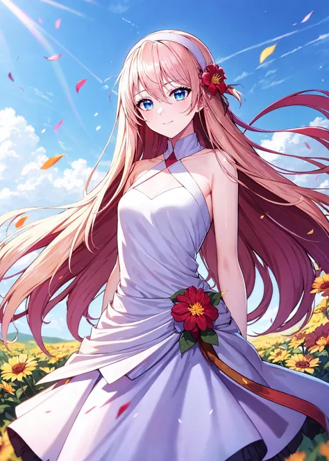 (8K, top-quality, masterpiece:1.2), (reallistic, Photorealsitic:1.37), Super Detail, One girl,), (Highly detailed), (beautifully detailed eyes), (of the highest quality), (super detailed ), (masterpiece), (Detailed face),20yr old, ,1 girl, ((pink hair,long hair)), medium breasts, clothed, Perfect Lighting, BREAK (silky dress:1.5), (soft pink:1.4), (slit skirt:1.3), (spaghetti straps:1.2), (embroidery:1.2), (stiletto heels:1.2), (diamond drop earrings:1.1), (clutch bag:1.1), BRAKE (from upper body to knees:1.3), (long wavy pink hair in the wind:1.3), (gentle smile:1.2), (standing:1.3), (facing the camera:1.1), (hands on dress slit:1.1), (poppy and marguerite field in full bloom:1.4), (backlit by warm sunlight:1.2), BRAKE
