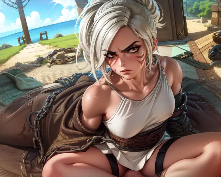 ( hyper realism, anime, manga) <lora:add_detail:0.4> <lora:toriyama_akira_3:0.3> toriyama akira (fine lineart) <lora:duo artstyle:0.6> retro art style <lora:Riven-000016:0.8> riven \(league of legends\) ( beautiful face, black eye liner, white hair, folded ponytail, messy hair, golden_brown eyes, angry face, looking at viewer)(,small breasts, white shirt, bandaged chest, white skirt, bandaged arm, ,) (cloudy blue sky,, summer, simple background, ) ( sitting, , closeup face portrait, ) ( sunlight, sunburn, shadow, eyeshadow,) ( muscular female,) ( Runic Blade) (chains ) ( facial mark) abs, underboob,
(solo, solo focus, mature female, )