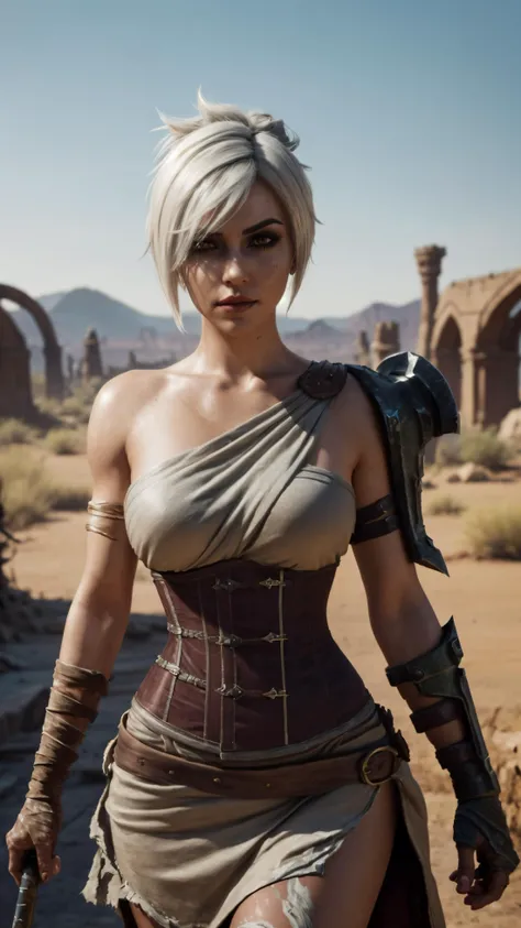 <lora:Riven:0.8>, dressed as Riven, riven \(League of Legends\), best quality, masterpiece, illustration, (realistic, photo-realistic:1.37), amazing, finely detail, incredibly absurdres, huge filesize, ultra-detailed, highres, extremely detailed CG unity 8k wallpaper, ray tracing, 1girls, huge breasts, An artistic painting of Riven from League of Legends with broken big sword, wearing a short dress, corset,bare shoulders. She has short white hair in a folded ponytail. Riven is looking directly at the viewer with bright caramel eyes with black eyeshadow and pink lips parted slightly. The background is desert ruins., 24mm, 4k textures, soft cinematic light, adobe lightroom, photolab, hdr, intricate, elegant, highly detailed, sharp focus, ((((cinematic look)))), soothing tones, insane details, intricate details, hyperdetailed, low contrast, soft cinematic light, exposure blend, hdr, faded, (painted lips:1.1), ((looking straight at the camera:1.1))