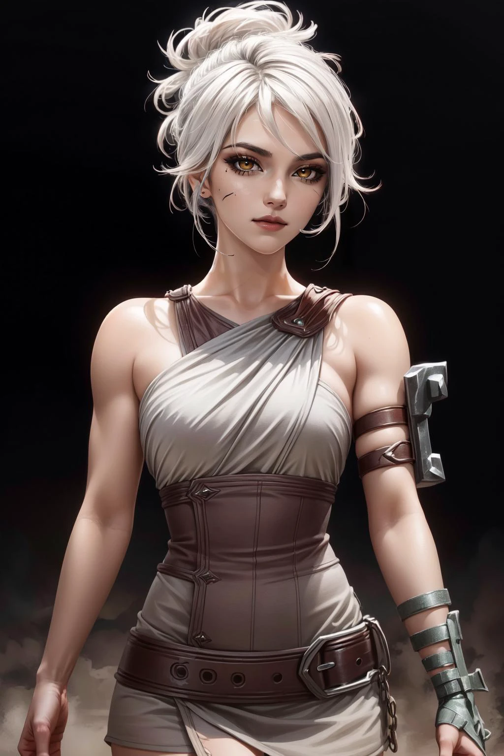 (masterpiece, best quality), intricate details, (Best quality)), ((masterpiece)), ((realistic)), (hyperrealism:1.2), (fractal art:1.2),
(1girl), (perfect face:1.3), <lora:Riven-000016:1> riven \(league of legends\), folded ponytail, short dress, coreset, single pauldron, white hair, black eyeshadow, bare shoulders,yellow eyes,white hair,
extreme detailed eyes, colorful, highest detailed, vibrant colors, high contrast,
<lora:add_detail:1>, (8K UHD:1.2), (photorealistic:1.2),