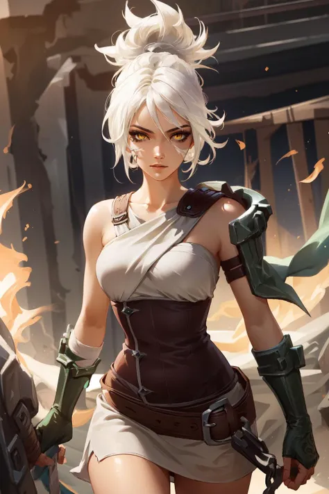 (masterpiece, best quality), intricate details,
1girl, <lora:Riven-000016:1> riven \(league of legends\), folded ponytail, short dress, coreset, single pauldron, white hair, black eyeshadow, bare shoulders,yellow eyes,