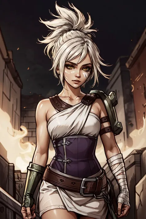 (masterpiece, best quality), intricate details,
1girl, <lora:Riven-000016:1> riven \(league of legends\), folded ponytail, short dress, coreset, single pauldron, white hair, black eyeshadow, bare shoulders,yellow eyes,