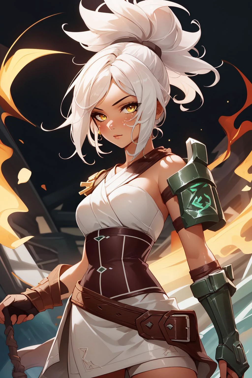 (masterpiece, best quality), intricate details,
1girl, <lora:Riven-000016:1> riven \(league of legends\), folded ponytail, short dress, coreset, single pauldron, white hair, black eyeshadow, bare shoulders,yellow eyes,