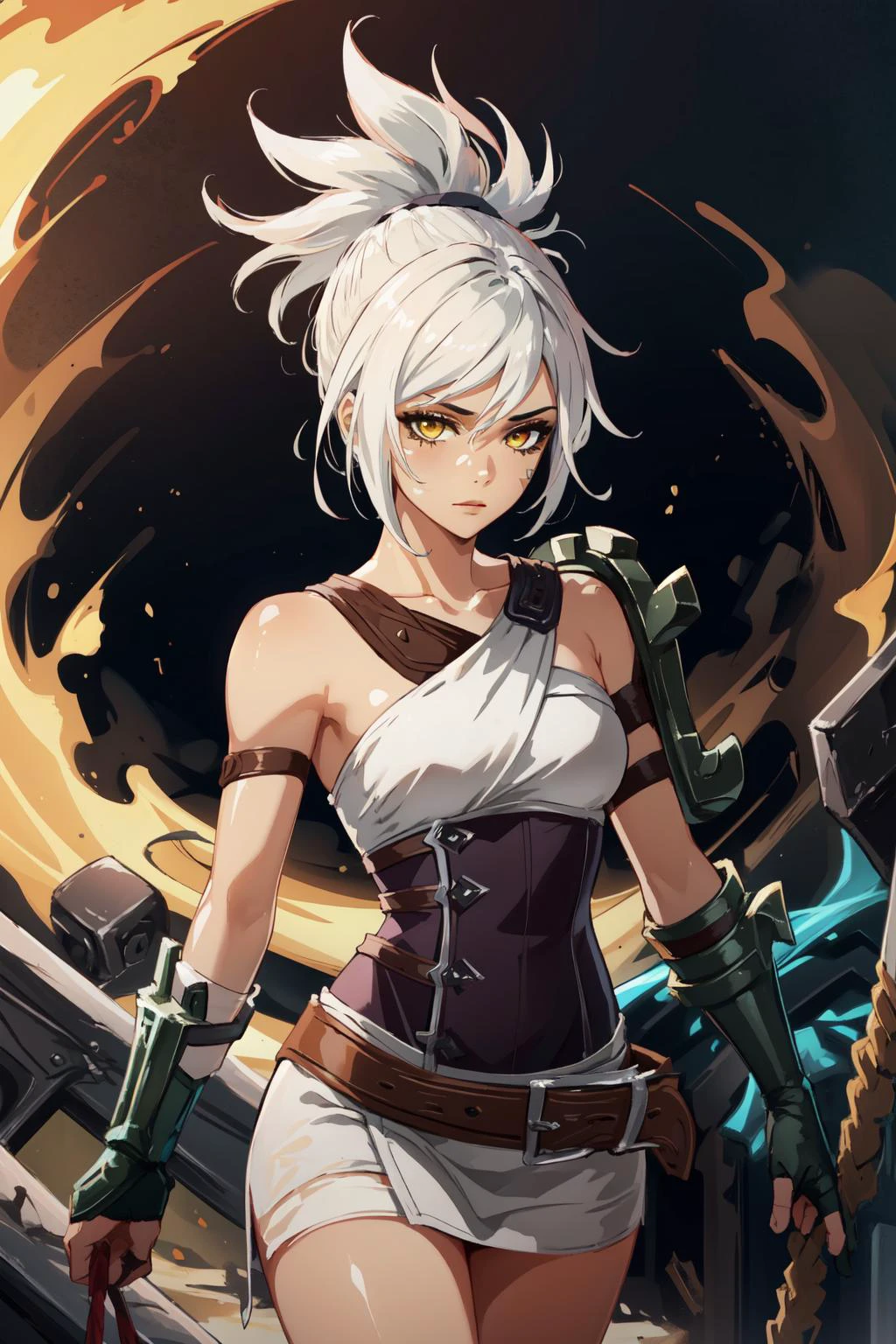 (masterpiece, best quality), intricate details,
1girl, <lora:Riven-000016:1> riven \(league of legends\), folded ponytail, short dress, coreset, single pauldron, white hair, black eyeshadow, bare shoulders,yellow eyes,
