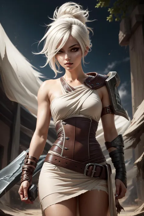 (Masterpiece:1.2), best quality, <lora:Riven-000016:0.8>, riven \(league of legends\), 1girl, folded ponytail, short dress, coreset, single pauldron, white hair, black eyeshadow, bare shoulders, upper body, potrait
