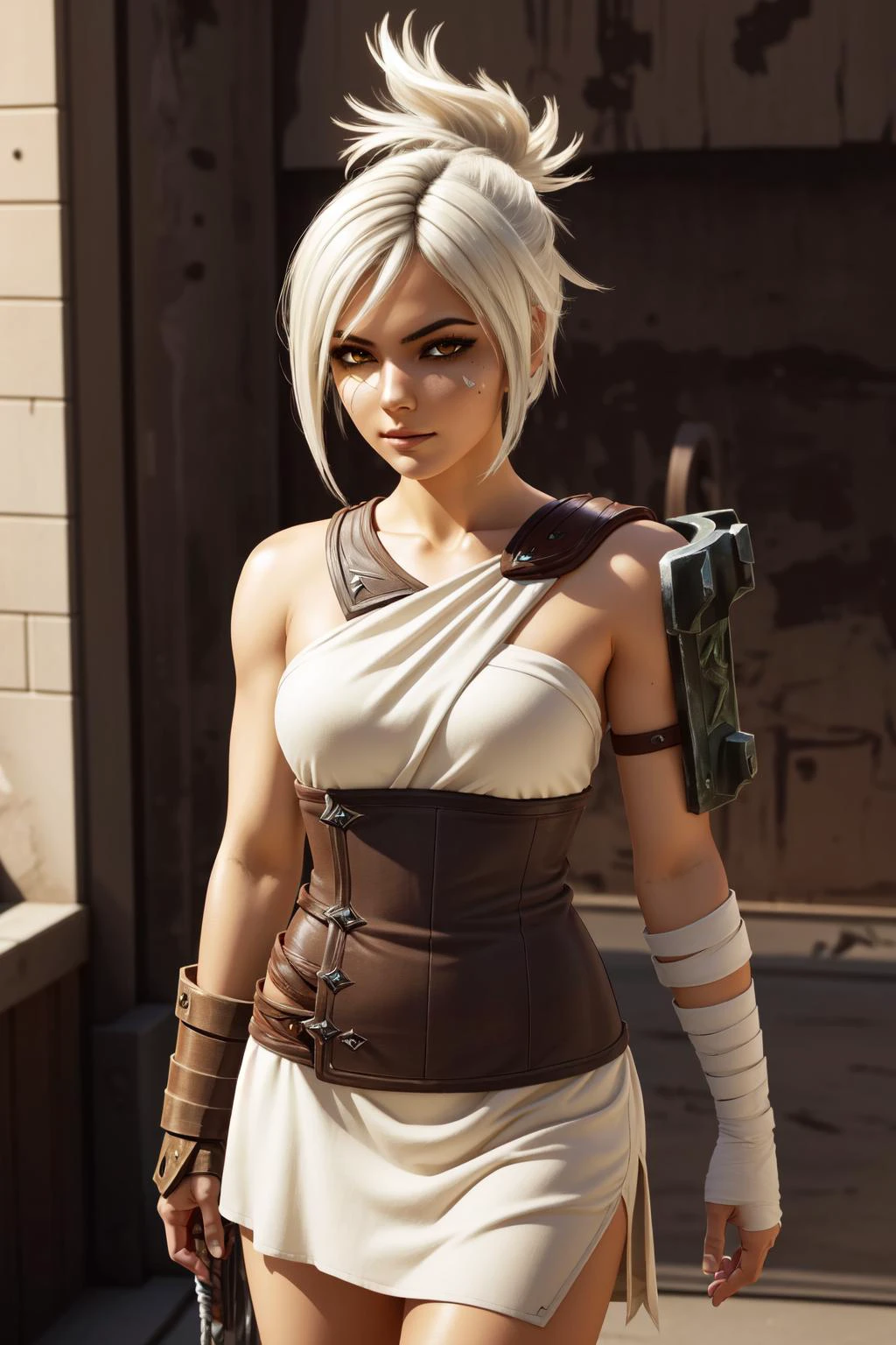 (masterpiece, best quality), intricate details,
1girl, <lora:Riven-000016:1> riven \(league of legends\), folded ponytail, short dress, coreset, single pauldron, white hair, black eyeshadow, bare shoulders,yellow eyes,