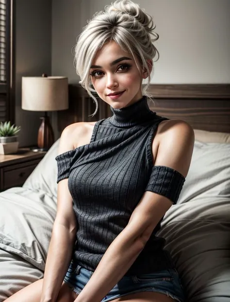 4k, 8k, best quality, ultra high res, (photorealistic:1.4),(masterpiece:1.2), best quality, masterpiece, highres, original, extremely detailed wallpaper, (ultra-detailed), (best illustration), (best shadow), (realism), realistic, 1girl, folded ponytail, (white hair:1.2), (black sweater), smile, bare shoulders, black eyeshadow, fit body, small breasts, on bed, <lora:more_details:0.65>, <lora:Riven:0.8> ,