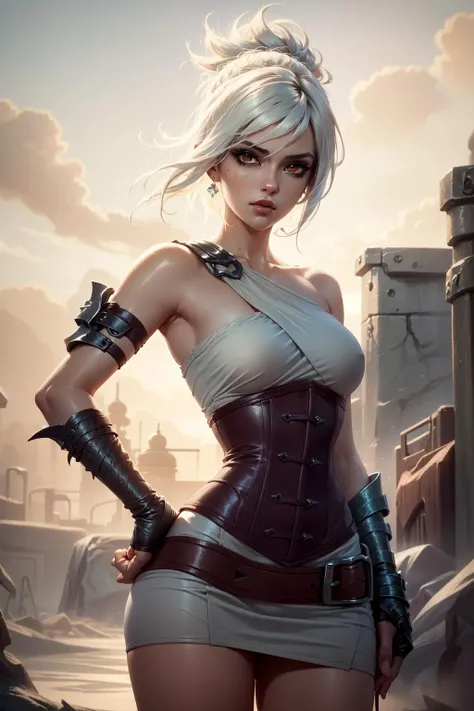 (Masterpiece:1.2), best quality, <lora:Riven-000016:0.8>, riven \(league of legends\), 1girl, short dress, corset, white hair, black eyeshadow, bare shoulders, hands on hips, upper body, potrait