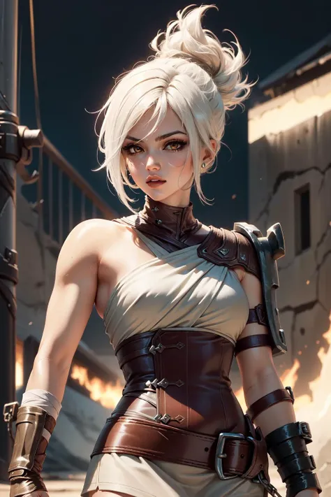 (Masterpiece:1.2), best quality, <lora:Riven-000016:0.8>, riven \(league of legends\), 1girl, folded ponytail, short dress, coreset, single pauldron, white hair, black eyeshadow, bare shoulders, upper body, cowboy shot,