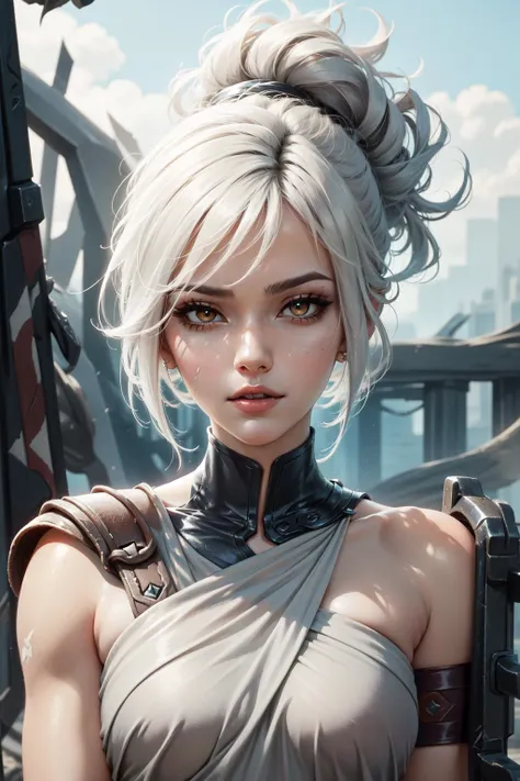 (Masterpiece:1.2), best quality, <lora:Riven-000016:0.8>, riven \(league of legends\), 1girl, folded ponytail, short dress, coreset, single pauldron, white hair, black eyeshadow, bare shoulders, upper body, potrait