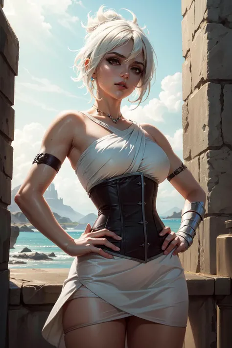 (Masterpiece:1.2), best quality, <lora:Riven-000016:0.8>, riven \(league of legends\), 1girl, short dress, corset, white hair, black eyeshadow, bare shoulders, hands on hips, upper body, potrait