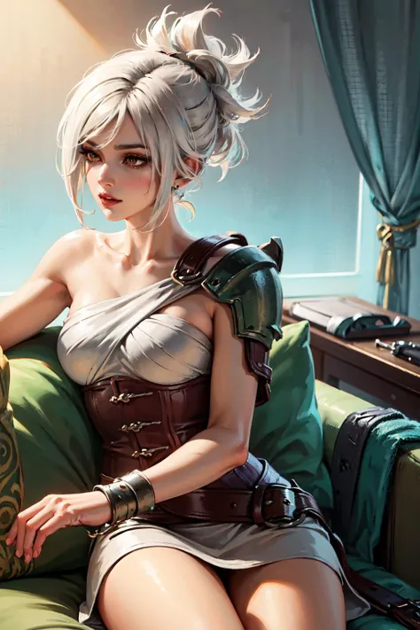 (Masterpiece:1.2), best quality, (illustration:1.2), (ultra-detailed), <lora:Riven-000016:0.8>, riven \(league of legends\), 1girl, folded ponytail, short dress, single pauldron, corset, white hair, sitting, upper body, cowboy shot