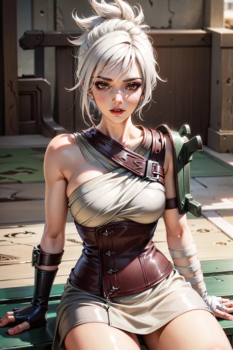 (Masterpiece:1.2), best quality, (illustration:1.2), (ultra-detailed), <lora:Riven-000016:0.8>, riven \(league of legends\), 1girl, folded ponytail, short dress, single pauldron, corset, white hair, sitting, upper body, cowboy shot