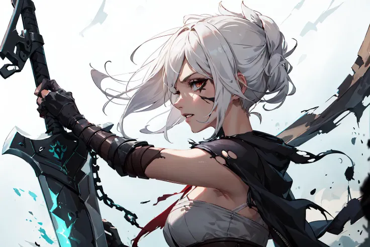 <lora:Riven-000016:.7>, riven \(league of legends\), 1girl, solo, white hair, black eyeshadow, (from side:1.2), walking, looking away, teeth, torn clothes, stomach, weapon, sword, holding weapon