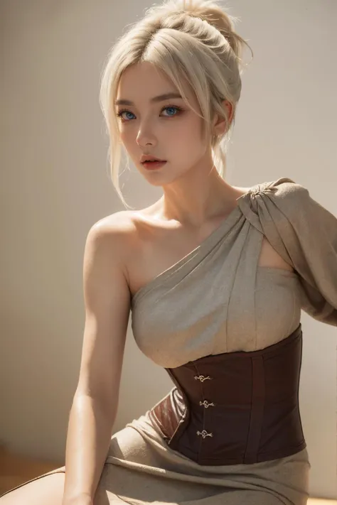 (Best Quality, Masterpiece:1.4), (Realism:1.2), (Realisitc:1.2), (Absurdres:1.2), (photorealistic:1.3), 1girl,Realistic Skin,Solo,( Very Big Eyes,beautiful detailed eyes, symmetric eyes),  <lora:Riven-000016:0.8>, riven \(league of legends\), 1girl, folded ponytail, short dress, single pauldron, corset, white hair, sitting, upper body, cowboy shot