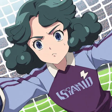 score_9, score_8_up, score_7_up, score_6_up, score_5_up, score_4_up, BREAK source_anime, soccer field, 1girl, norikaraimon, purple shirt, looking at viewer, leaning forward, open hands, standing, outstretched arms, <lora:Umihara_Norika:1>