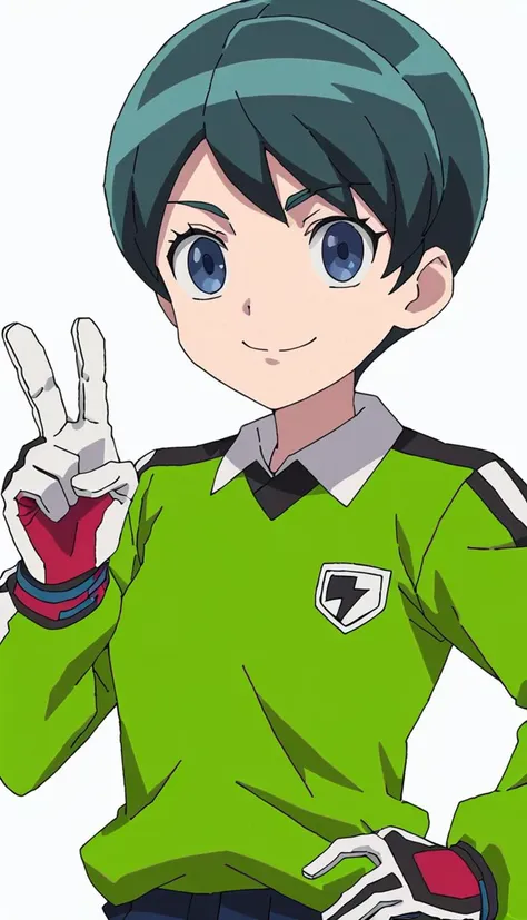 score_9, score_8_up, score_7_up, score_6_up, score_5_up, score_4_up, BREAK source_anime, white background, 1girl, norikajapan, pose, smile, green shirt, long sleeves, looking at viewer, ((v)), outstretched arm, hand on own hip, <lora:Umihara_Norika:1>