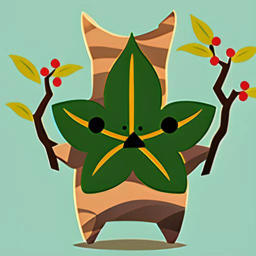 <lora:Korok-v1-a:1> korok, standing, green 5 point star leaf face, brown striped body, holding a branch with berries and leaves, vector style